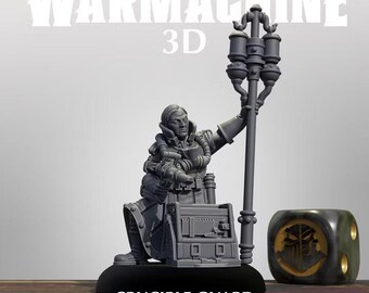 May include: A gray miniature figure of Doctor Alejandro Mosby from the Crucible Guard, holding a tall staff with three cylindrical canisters. The figure wears a high-collared coat and stands next to a black die with a gold skull emblem.