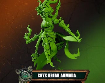 May include: A bright green miniature figurine of a skeletal figure with flowing hair, wearing ornate armor and holding a weapon. Below the figure is a rectangular plaque with the text CRYX DREAD ARMADA and Wraith Captain Eydis Malroan.