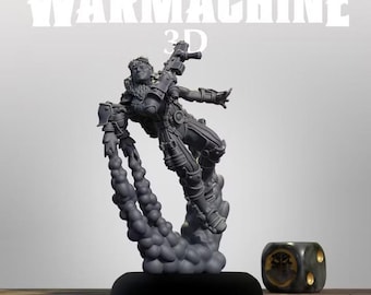 May include: A gray miniature figure of a character titled ROCKETMAN ACE from WARMACHINE 3D. The figure is depicted in a dynamic flying pose, propelled by smoke plumes, holding a weapon, and standing on a circular base next to a die.
