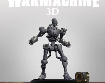 May include: A gray unpainted miniature robot figure from Warmachine 3D standing on a black circular base. The figure features mechanical joints, exposed tubing, and a round head. A black die with gold markings sits nearby. The text reads Warmachine 3D and Prospero.