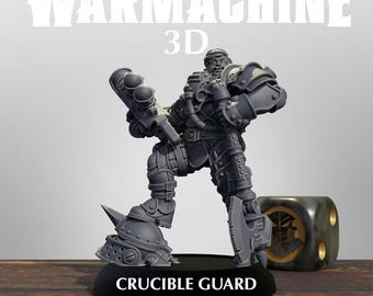May include: A gray 3D printed miniature figure of a soldier in heavy armor holding a large weapon, standing on a black base. Text reads WARMACHINE 3D, CRUCIBLE GUARD, MARSHAL GENERAL BALDWIN GEARHART. A dark die with gold accents sits nearby.