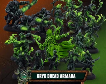 May include: A collection of miniature fantasy figures featuring dark armor and glowing green spectral energy effects. A rectangular sign at the bottom displays the text CRYX DREAD ARMADA and Curse of the Atramentous in white lettering.