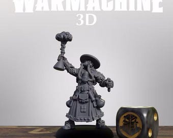 May include: A gray miniature figure of a character wearing a wide-brimmed hat and a gas mask, holding a flask with smoke, standing next to a black die with a gold emblem. Text reads WARMACHINE 3D, CRUCIBLE GUARD, AURUM ADEPTUS SYVESTRO.