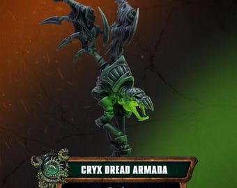 May include: A dark grey, skeletal creature miniature with sharp, claw-like wings and a glowing neon green head. Below the figure is a rectangular sign with a metallic border displaying the text CRYX DREAD ARMADA and Dredger.