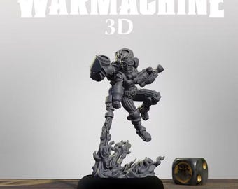 May include: A gray miniature figure of Major Aline Bennet from Warmachine 3D, depicted in a dynamic leaping pose with a jetpack and weapon, mounted on a circular base with a smoke effect, accompanied by a single six-sided die nearby.