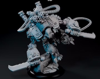 May include: A light gray unpainted miniature robot figure labeled WARMACHINE 3D and EXTREME PLUGGER WARJACK. The figure features a central torso with a multi-barreled weapon, two large bladed arms, and mechanical cables extending from the back.