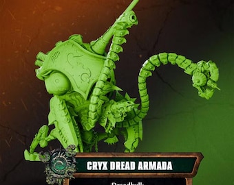 May include: A bright lime green miniature figure of a mechanical creature with a long, segmented tail and a large cannon-like arm. A rectangular sign at the bottom displays the text CRYX DREAD ARMADA and the word Dreadhulk.