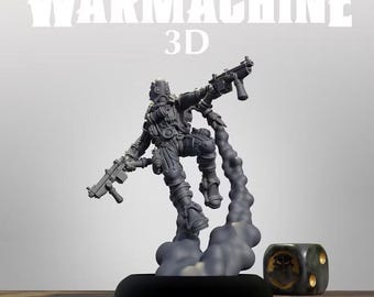 May include: A gray miniature figure of a Rocketman Captain from Warmachine 3D, depicted in a dynamic flying pose with two rifles, supported by a cloud of smoke on a black base, accompanied by a dark die with a gold skull emblem.