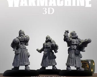May include: Three gray miniature figures from Warmachine 3D titled Crucible Guard Containment Operatives. Each figure wears a long, textured coat, a gas mask, and carries a large mechanical weapon. The figures stand on black circular bases.