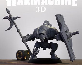 May include: A gray miniature robot figure from Warmachine 3D, identified as a Crucible Guard Vanguard. The figure holds a long polearm with a curved blade in one hand and a large, rectangular shield in the other, standing on a black base.