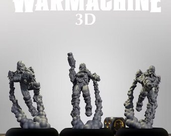 May include: Three gray miniature figures of Rocketmen Gunners from Warmachine 3D, each mounted on a black circular base with sculpted smoke trails. The figures wear goggles and gear, holding weapons, with a small black die visible behind them.