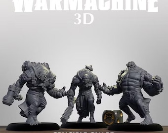 May include: Three grey miniature figures from the Warmachine 3D Crucible Guard Failed Experiments set. Each figure features muscular, armored anatomy with mechanical tubing and textured skin. One figure holds a large hammer, another a spiked club.