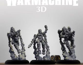May include: Three gray plastic miniature figures of Crucible Guard Rocketmen from Warmachine 3D. Each figure wears a gas mask and flight suit, propelled by smoke plumes on black circular bases. A black gaming die is visible near the base.