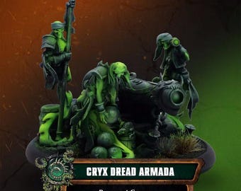 May include: A miniature tabletop gaming set featuring a Cryx Dread Armada Revenant Cannon. The model includes three skeletal figures in dark armor with bright green glowing accents, positioned around a cannon with stacked cannonballs.