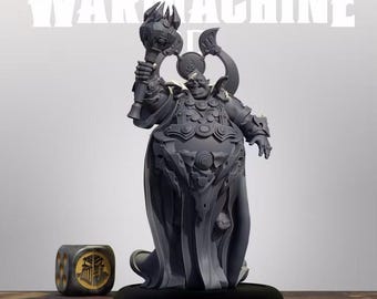 May include: A grey miniature figure of a stout character holding a mace, standing before a Warmachine logo. The figure wears ornate, layered armor and a long robe. A six-sided die with a gold emblem sits to the left, labeled Fane of Nyrro.