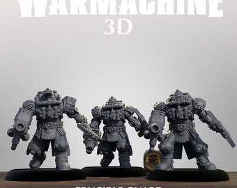 May include: Three gray unpainted miniature figures of armored soldiers from Warmachine 3D, labeled Crucible Guard Stormtroopers. Each figure wears heavy industrial-style armor with pipes, canisters, and weapons attached to their suits.