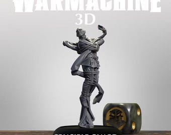 May include: A gray miniature figure titled WARMACHINE 3D CRUCIBLE GUARD TRANCER, depicting a person in a straightjacket with arms raised. Beside the figure sits a dark gray die with a gold emblem. The text SFG is visible in the corner.