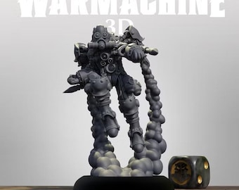 May include: A gray miniature figure of a Rocketman Stinger from Warmachine 3D, depicted in a dynamic flying pose surrounded by a cloud of smoke. The figure features mechanical armor and a helmet. A dark die with a skull logo sits nearby.