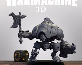 May include: A gray unpainted miniature robot figure titled WARMACHINE 3D CRUCIBLE GUARD RETALIATOR. The figure holds a large battle axe in one hand and a mechanical cannon in the other, standing on a circular base next to a black die.