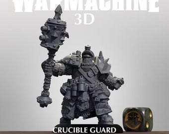 May include: A gray miniature figure of a Crucible Guard Hutchuk Ogrun Bounty Hunter holding a large spiked mace. The text WARMACHINE 3D is visible at the top, with CRUCIBLE GUARD HUTCHUK, OGRUN BOUNTY HUNTER below and a die to the right.
