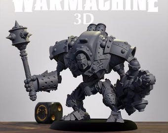 May include: A gray miniature robot figure titled WARMACHINE 3D CRUCIBLE GUARD VINDICATOR. The figure features a spiked mace in one hand, a heavy cannon in the other, and stands on a circular base next to a black die with a gold logo.