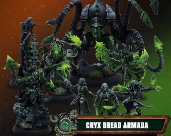 May include: A collection of miniature fantasy figures titled Cryx Dread Armada: The Reaver Cutthroats. The set features dark-armored warriors and a large multi-tentacled creature, all accented with vibrant neon green glowing energy effects.