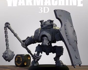 May include: A gray miniature robot figure labeled WARMACHINE 3D CRUCIBLE GUARD LIBERATOR. The figure holds a spiked flail on a chain in one hand and a large, tall, riveted shield in the other. A black die with a gold skull emblem sits nearby.