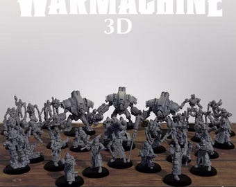 May include: A collection of unpainted gray plastic miniature figures from the Warmachine 3D Crucible Guard Core Expansion set. The group includes several large mechanical warjacks and various infantry soldiers standing on circular black bases.