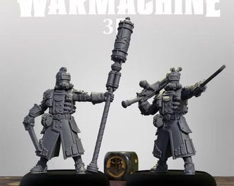 May include: Two gray miniature figures from the Warmachine Crucible Guard Infantry Officer & Standard set. The figures wear armored coats and helmets with gas masks. One holds a tall staff, the other a rifle. A die sits between them.