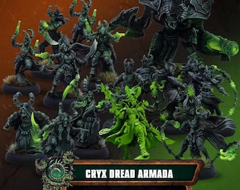 May include: A collection of miniature fantasy figures featuring dark grey armor with glowing neon green accents. The group includes a large central construct and various humanoid warriors. A sign at the bottom reads CRYX DREAD ARMADA Raiders of the Broken Coast.