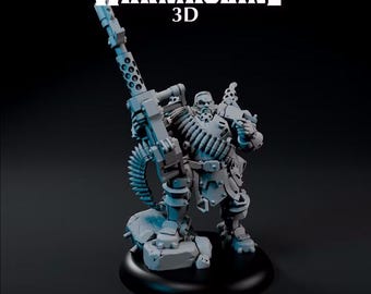 May include: A gray miniature figure of Major Grant Vargus Ghost Dog Variant from Warmachine 3D. The character stands on a rocky base, holding a large machine gun with an ammunition belt draped across the chest and torso armor.