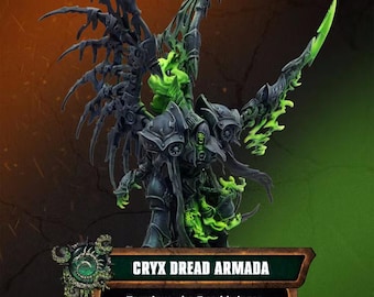 May include: A miniature figure of Terminus, the Deathbringer from Cryx Dread Armada. The dark grey armored character features large tattered wings, a glowing neon green blade, and swirling green energy effects around the base and torso.