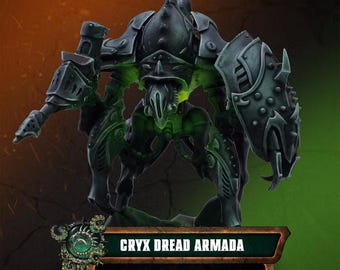 May include: A miniature Cryx Dread Armada Deepstalker figure featuring dark, armored plating with glowing green accents. The creature has a pointed head, a large clawed shield on one arm, and a weapon on the other. A plaque displays the text Cryx Dread Armada Deepstalker.