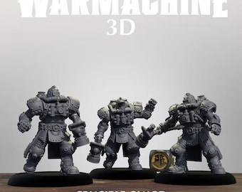 May include: Three gray miniature figures of Crucible Guard Assault Troopers from Warmachine 3D. Each figure wears heavy mechanical armor with pipes and circular details, standing on black circular bases. A small die is placed near the figures.