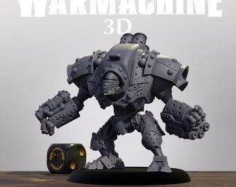May include: A gray 3D printed miniature robot figure labeled WARMACHINE 3D and CRUCIBLE GUARD SUPPRESSOR. The figure features heavy armor plating, a rounded helmet, and large mechanical arms with integrated weaponry, standing on a circular base.