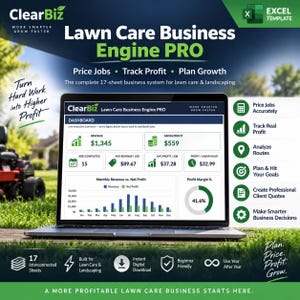 May include: A laptop screen displaying the ClearBiz Lawn Care Business Engine PRO Excel template dashboard. The interface shows revenue, gross profit, and job metrics with a monthly revenue versus net profit bar chart and a 41.6% profit margin circle.