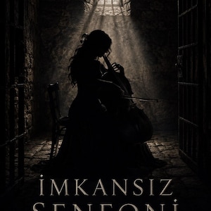 May include: A silhouette of a person playing a cello while seated on a chair in a dark stone room with a barred window. The text reads IMKANSIZ SENFONI and Bazı melodiler, özgürlüğe yazılır. The scene is illuminated by a single beam of light.