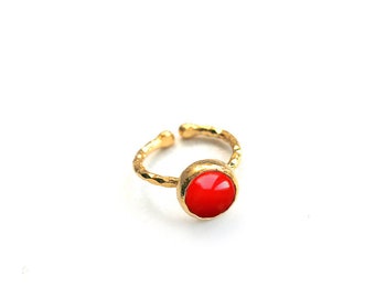 Red Jade Stone Tiny Round Gold Plated Ring