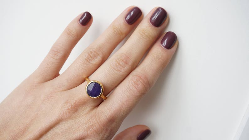 Red Jade Stone Tiny Round Gold Plated Ring
