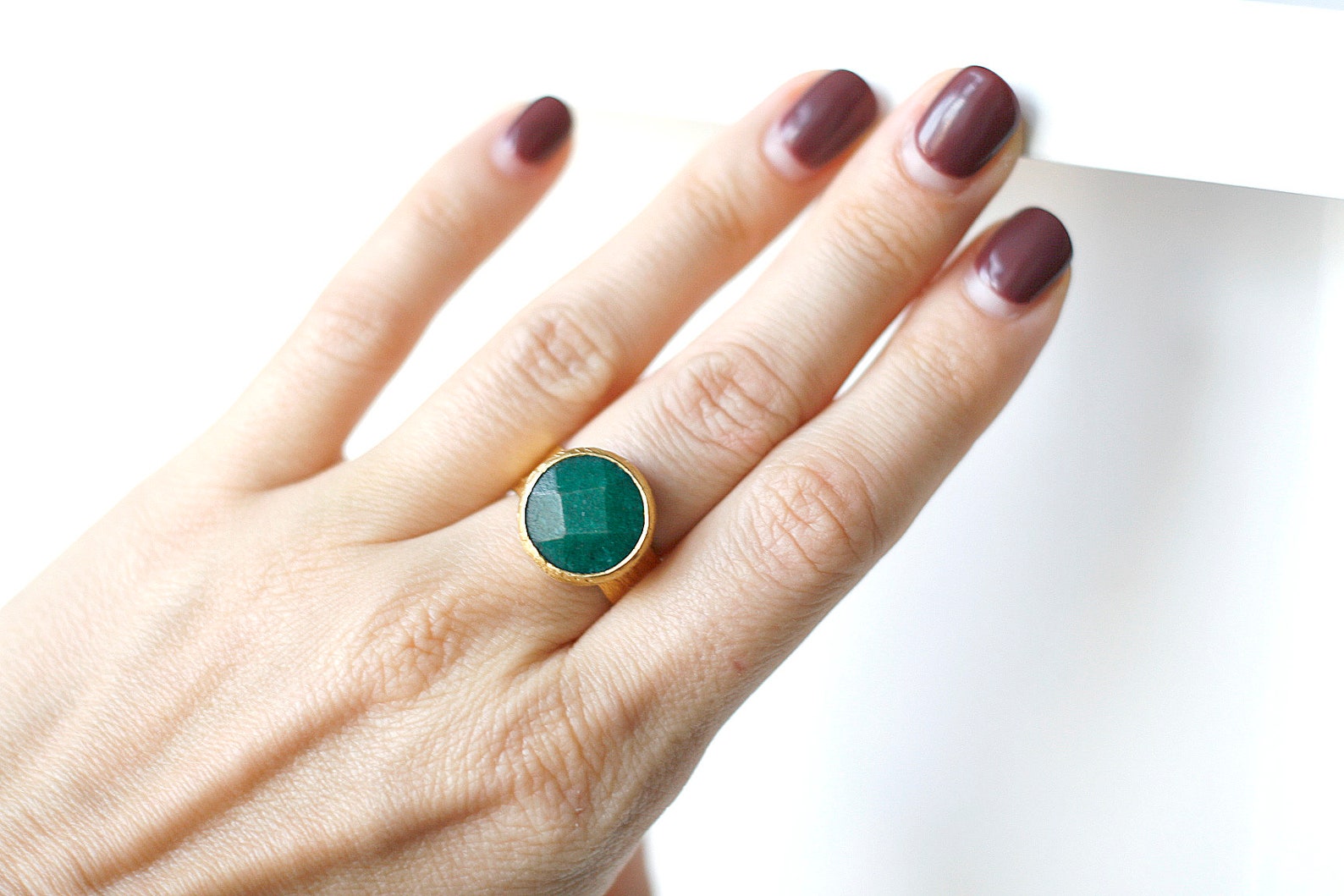 Adjustable Round Green Jade Stone Gold Plated Ring | Etsy