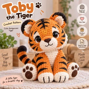 May include: A crochet amigurumi tiger toy named Toby with orange and white yarn, black stripes, and large dark eyes. The image includes text: Toby the Tiger, Crochet Pattern, Cute Amigurumi Tiger, Beginner Friendly, Low Sew, Perfect Gift, PDF, Step by Step Instructions, Small Tiger Big Hugs, A little tiger for a brighter day.