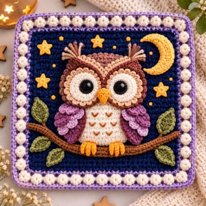 Puede incluir: Un tapiz cuadrado de ganchillo con un búho marrón y morado posado en una rama marrón sobre un cielo nocturno azul oscuro. La escena incluye una luna creciente y estrellas amarillas, enmarcado por un borde de puntos bobble blancos.