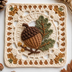May include: A square crochet granny square featuring a central three-dimensional appliqué of a brown acorn and two green oak leaves on a cream-coloured background. The border is decorated with small brown and green accents in a repeating pattern.