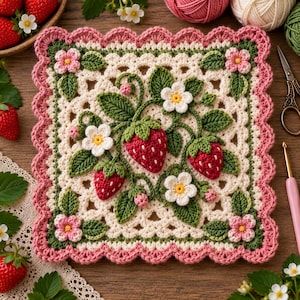 3D Strawberry Crochet Applique Pattern, Fruit Motif Granny Square PDF, Kids Blanket Decor