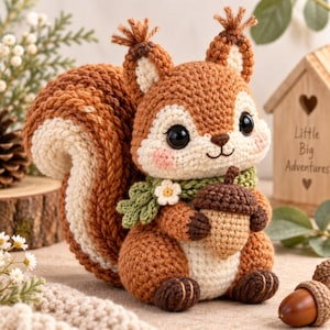 May include: A crocheted squirrel figurine in shades of brown and cream, featuring large black eyes, tufted ears, and a bushy tail. The squirrel wears a green scarf with a small white flower and holds a tan crocheted acorn in its paws.