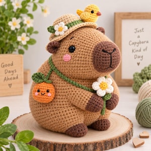 May include: A crocheted capybara plush toy featuring a tan body with dark brown accents, wearing a straw-colored hat topped with a small yellow bird and a white flower. It carries a green strap with an orange charm and holds a white daisy flower.