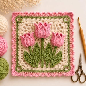 May include: A square crochet motif featuring three dimensional pink tulips with green leaves on a cream background. The square is framed by a green border and a scalloped pink edge. Three yarn balls, a wooden crochet hook, and scissors are present.