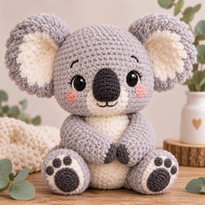 May include: A crochet koala plush toy featuring a round grey head with large, fluffy grey and cream ears, black eyes, a dark grey nose, and pink cheeks. The body is grey with a cream belly and grey feet with dark grey paw pad details.