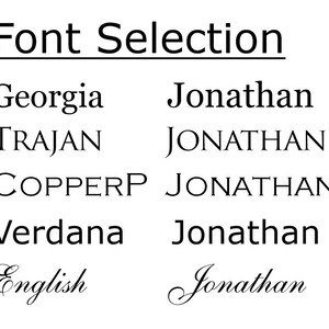 May include: Font selection options for the name "Jonathan" in five different fonts: Georgia, Trajan, Copperplate, Verdana, and English.