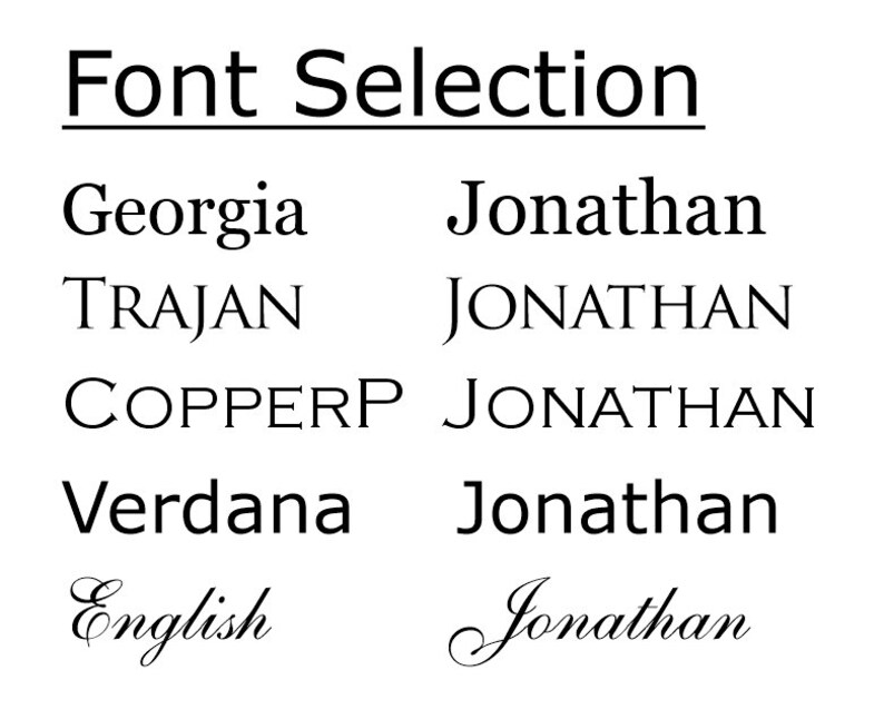 May include: Font selection options for the name "Jonathan" in five different fonts: Georgia, Trajan, Copperplate, Verdana, and English.